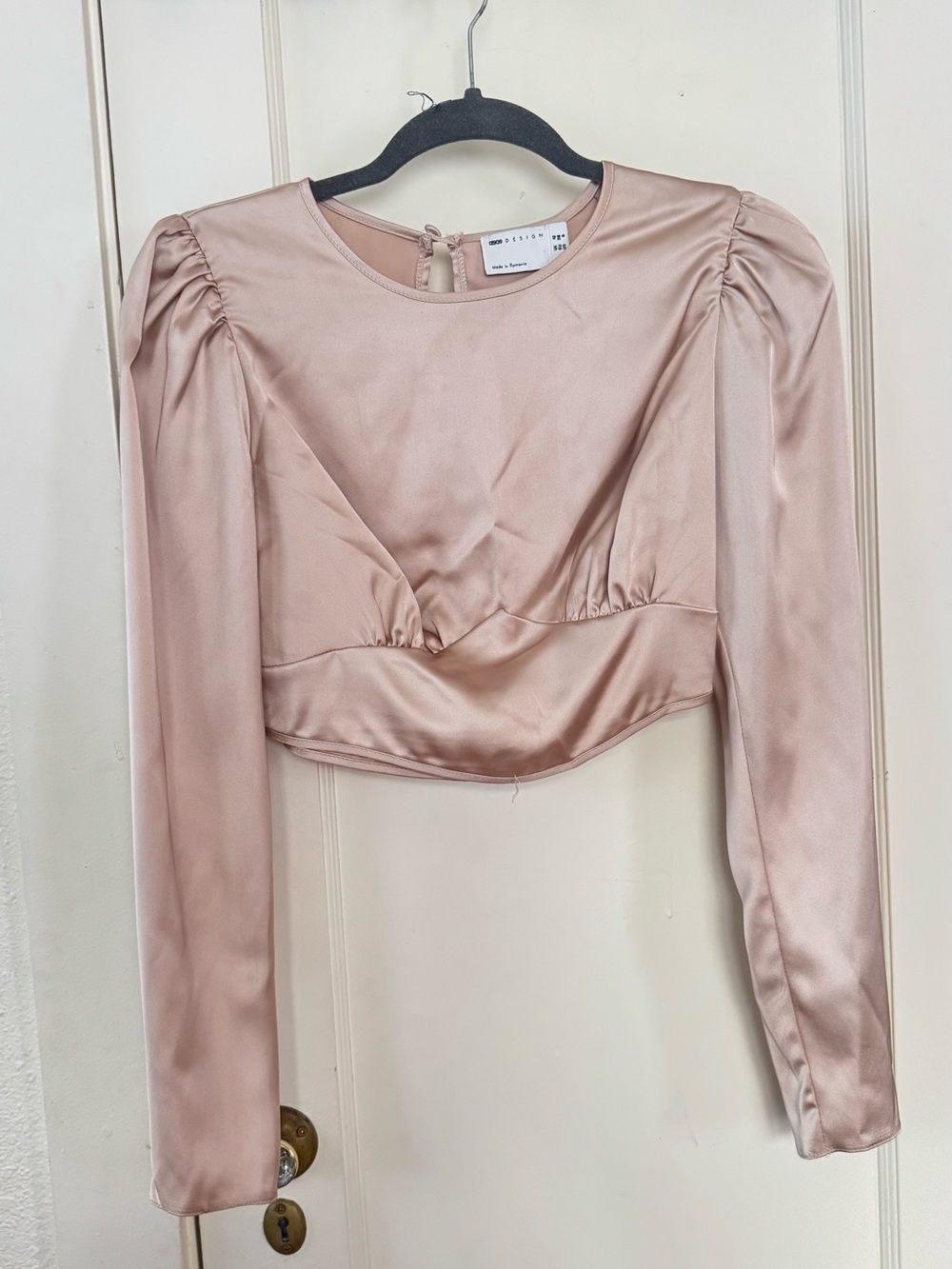 ASOS Satin Puff-Sleeve Cropped Top - Blush